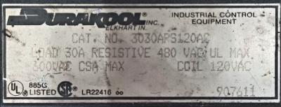 Relais Mercure Durakool 3030APS120AC - 30A, 600V AC - Occasion, Testé En état De Marche